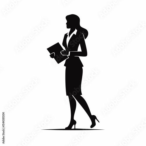 Clean black silhouette vector of a confident businesswoman walking with file in hand, professional, leadership, corporate, career woman, office, modern businesswoman