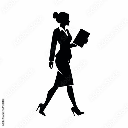 Minimal flat vector of a confident businesswoman walking with a file in hand, black silhouette showing professionalism and leadership