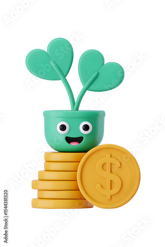 Cute 3D Plant with Golden Coins icon. Financial Growth & Prosperity isolated on transparent background. 3d rendering Cartoon plastic style. PNG file, cut out