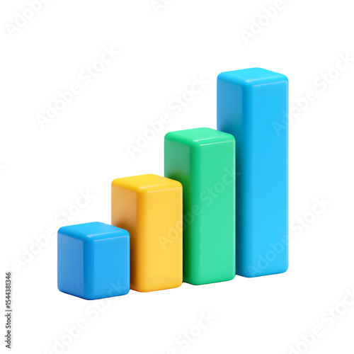 3d Business growth bar chart, graph, diagram icon isolated on transparent background. 3d rendering Cartoon plastic style. PNG file, cut out