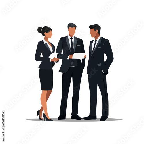 Black silhouette vector of three business people discussing, formal clothing, professional meeting, teamwork, corporate, collaboration, office environment