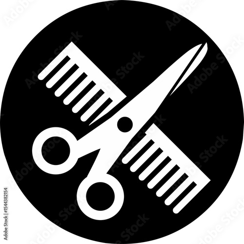 Hair comb or barber comb and scissor. For combing and styling hair or haircut. Shears or scissors symbol. Tools for barber shop. Hairdressing tool. Barbershop concept black round icon.