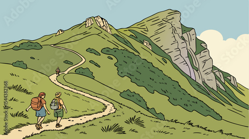 People hiking on a winding trail up a green mountain towards a rocky peak under a blue sky with clouds