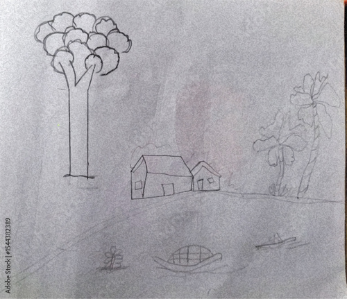 Simple Pencil Sketch Rural Landscape with Houses and Tree