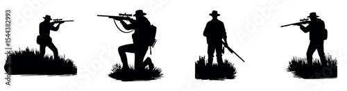 Hunter Silhouette with Sniper Rifle in Grassland, Hunter Aiming a Gun
Hunter is hunting black silhouette vector. Vector illustration
