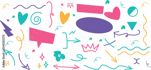 Set of hand drawn arrows, icons, hashtags. Social symbols.