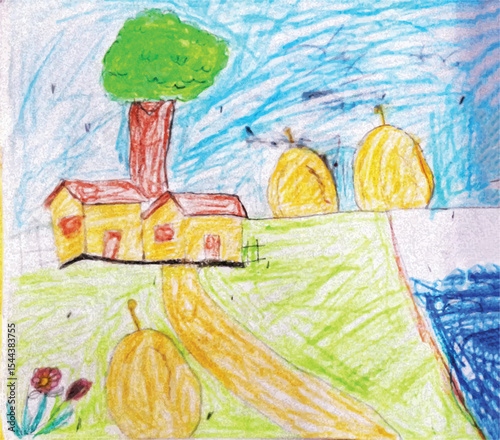 Child's Drawing House, Tree, and Pears in a Sunny Landscape