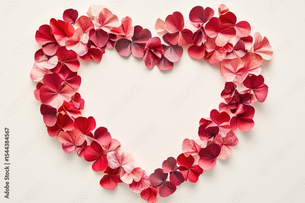 Obraz premium A border of red and pink paper hearts forming an empty heart shape on a white background, with space in the center for text or images.