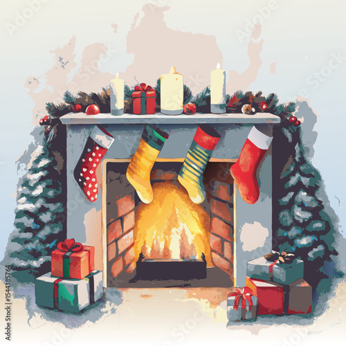A cozy and festive illustration of a fireplace scene, perfect for Christmas.