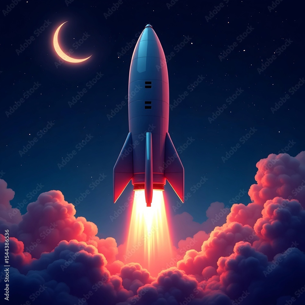 Fototapeta premium Retro rocket launching through vibrant pink and purple clouds at night, under a crescent moon and starry sky, representing innovation and dreams.