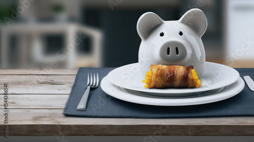 Piggy Bank Dining: A whimsical piggy bank sits at a table, seemingly enjoying a savory bacon-wrapped dish.