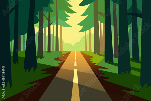Forest Road A Journey Through Lush Green Woods and Sunlight