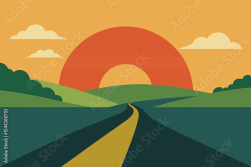 Sunset Road Trip A Serene Landscape Illustration