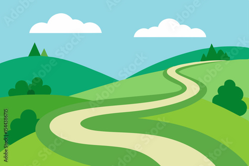 Winding Country Road Through Rolling Green Hills A Serene Landscape Illustration