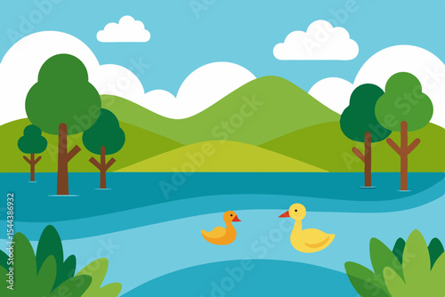 Serene Lakeside Ducks A Charming Illustration of Nature's Tranquility