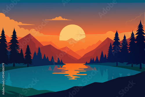 Serene Sunset Landscape Mountain Lake Silhouette at Dusk