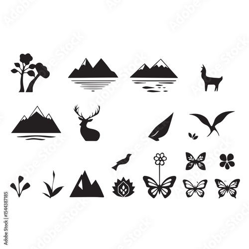 Collection of black and white nature icons mountains animals plants