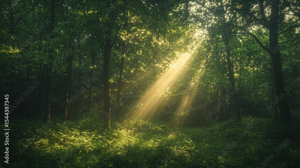 Fototapeta premium Sunlight streams through a dense, verdant forest