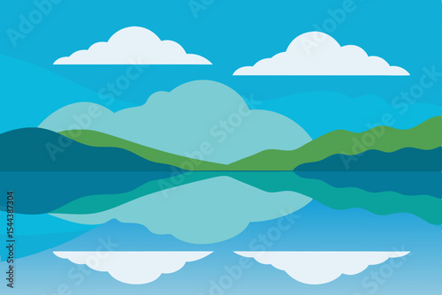 Serene Lakeside Vista Calm Waters, Blue Skies, and Green Mountains Reflection