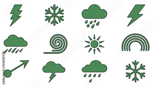 Green vector weather icon set: sun, cloud, rain, snow, storm, and moon forecast symbols for climate and meteorology design