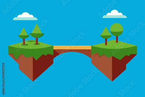 Floating Island Bridge A whimsical landscape illustration of two islands connected by a bridge, featuring lush green trees and a vibrant blue sky.