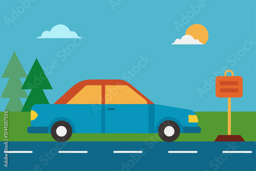 Scenic Road Trip  Blue Car on a Sunny Countryside Drive