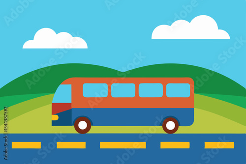 Scenic Bus Ride Traveling Through Rolling Hills and Sunny Skies