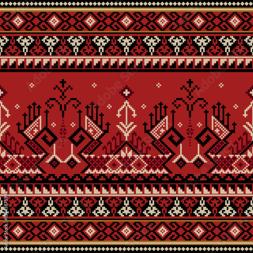 Dramatic red pixel art featuring mythological bird motifs, tribal borders, and ancient Thai-inspired geometric arrangements.