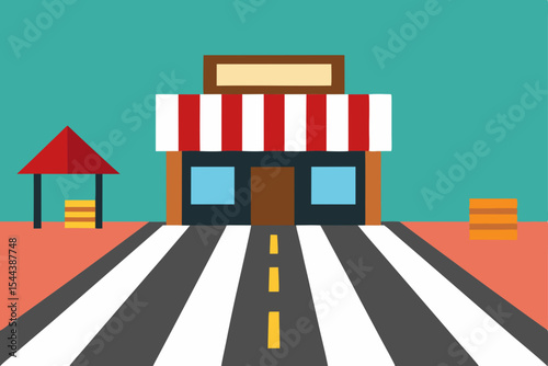 Striped Awning Shop on Crosswalk Street A Charming Business Illustration