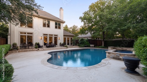 Exterior view of a modern home with a pool and patio area.  Evening light