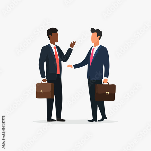 Minimal black silhouette of a businessman holding a briefcase and talking to another person, symbolizing business communication and professionalism
