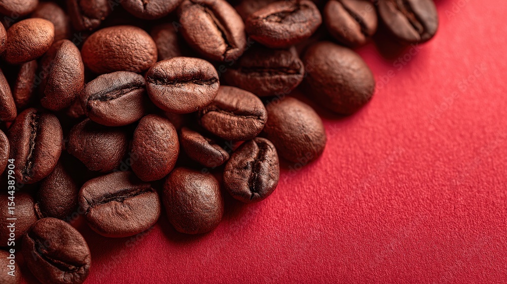 Naklejka premium Roasted Coffee Beans on Vibrant Red Background