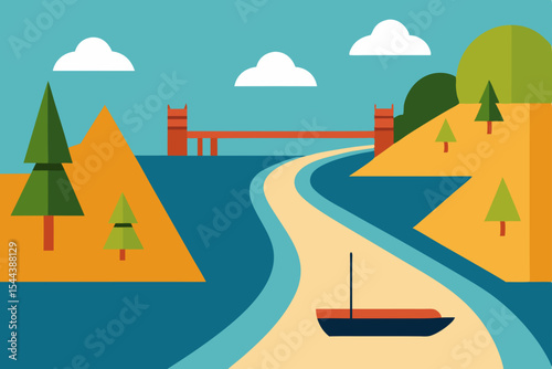 Serene River Landscape Winding Path to Iconic Bridge
