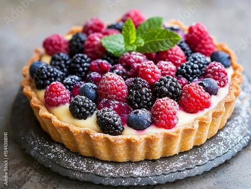 Wallpaper Mural high-quality photograph, fruit tart with berries and custard filling, golden crust and soft summer shadows. Generative AI
 Torontodigital.ca