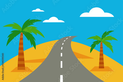 Desert Road Trip Palm Trees, Winding Road, and Sunny Skies Adventure