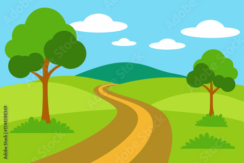 Winding Country Road Through Lush Green Hills and Trees A Serene Landscape Illustration