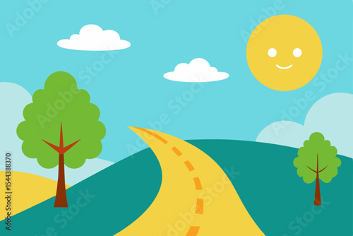 Sunny Road Trip A Cheerful Journey Through Rolling Hills and Happy Skies
