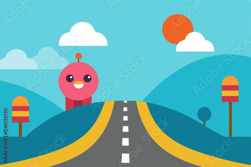 Charming Robot's Journey A Whimsical Road Trip Illustration