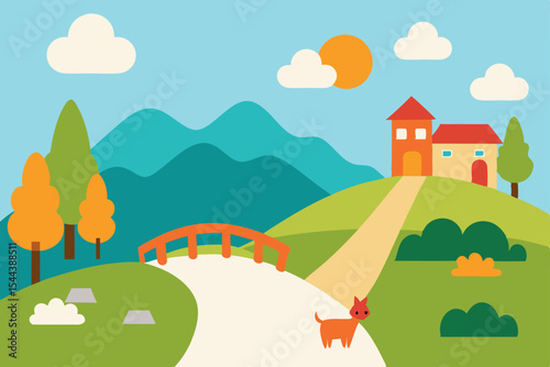 Charming Hillside Village Picturesque Landscape Illustration