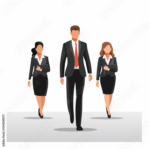 Minimal flat vector showing group of businesspeople walking in unison, formal attire, black silhouette representing teamwork, success, diversity, and corporate progress