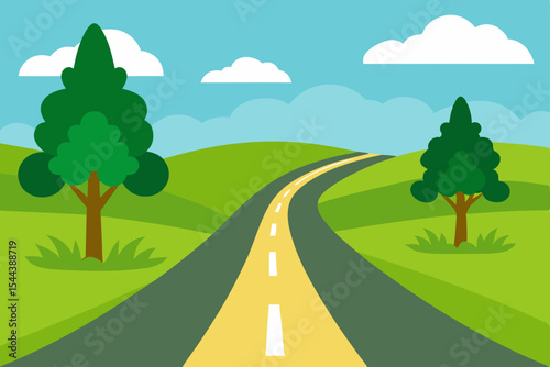 Scenic Country Road Winding Through Rolling Hills and Lush Green Landscape