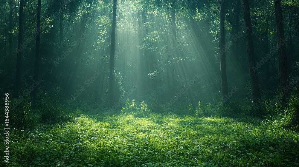 Obraz premium Sunlight streams through a misty forest