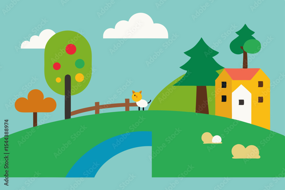 Fototapeta premium Charming Countryside Scene Cat on a Bridge, Hilltop House, and Lush Greenery