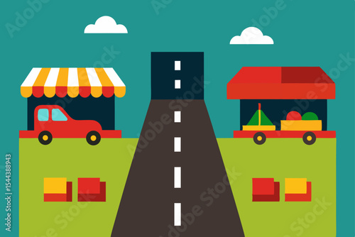 Vibrant Roadside Market Scene Colorful Stalls and Cars