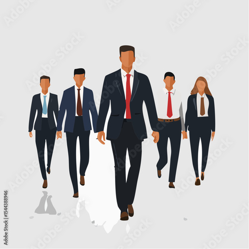Black silhouette vector of a diverse group of businesspeople walking forward, formal attire, corporate unity, teamwork, progress, leadership in motion