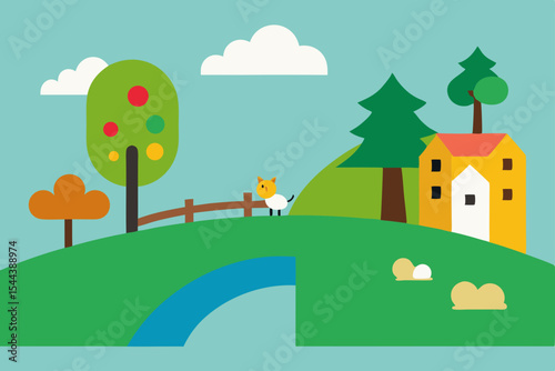 Charming Countryside Scene Cat on a Bridge, Hilltop House, and Lush Greenery