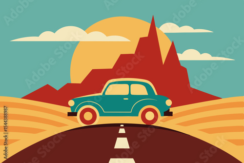 Retro Road Trip Vintage Car Adventure on Open Road