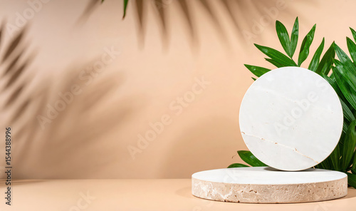 Beige Background with Round Stone and Green Leaves