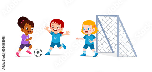 Happy Children Playing Soccer Near The Goal Post with Joyful Expression Illustration