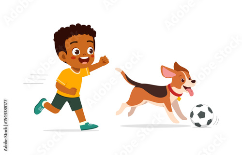 Happy African Boy and Dog Playing Soccer Together in Cartoon Illustration Style